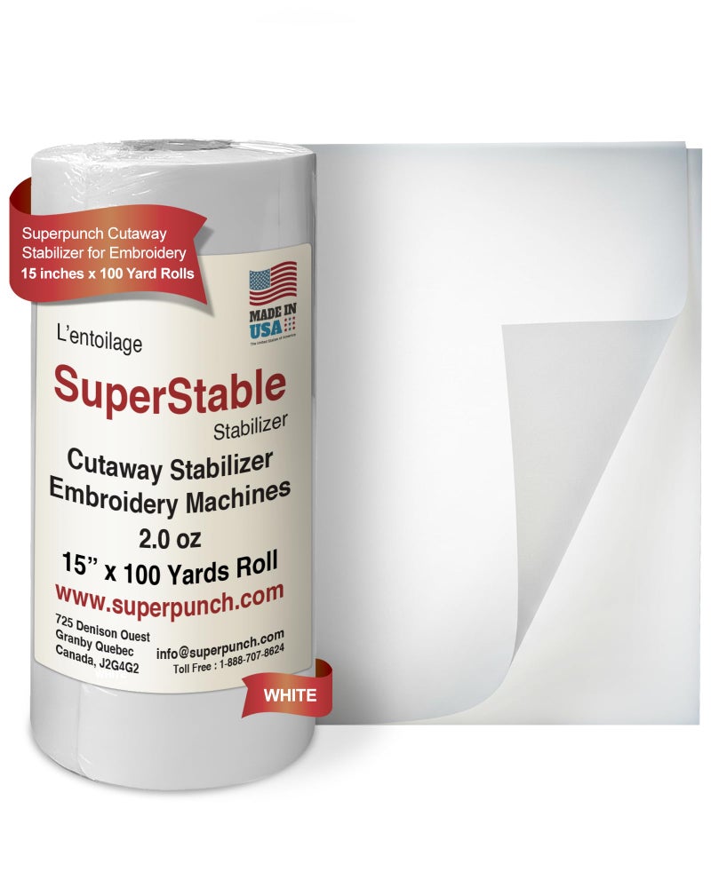 Superpunch Cutaway Stabilizer for Embroidery Machines - 15" x 100 Yards roll, White SuperStable Machine Embroidery Stabilizer Backing, 2.0 Oz Cut Away Embroidery Stabilizers, Made in USA - Image 1